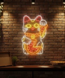 Lucky Cat Eating Pizza Neon Sign Restaurant Wall Decor